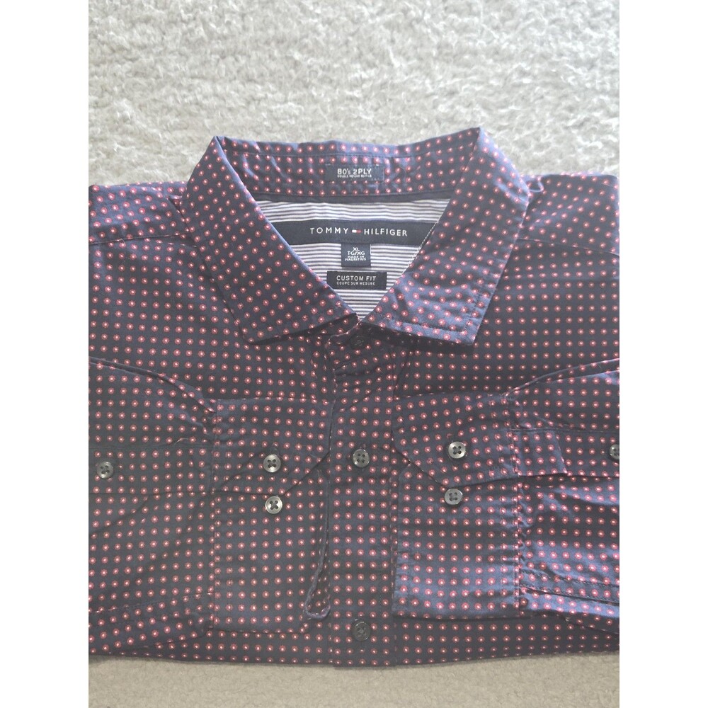 Tommy Hilfiger Shirt Mens XL Navy Red Micro Dot Button Down Custom‎ Fit Y2K